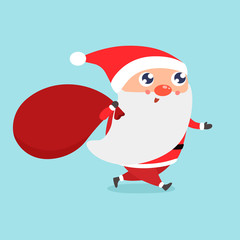 Santa is coming. Cute Santa Claus with huge red bag with presents vector illustration.