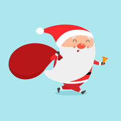 Santa is coming. Cute Santa Claus with huge red bag with presents vector illustration.