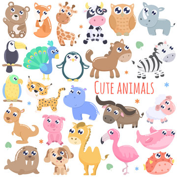 Big set of cute cartoon animals  vector illustration. Flat design.
