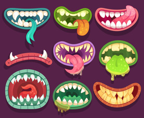 Monsters mouths. Halloween scary monster teeth and tongue in mouth. Funny jaws and crazy maws of bizarre creatures cartoon vector set © Tartila