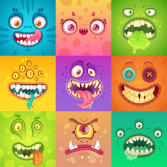 Funny halloween monsters. Cute and scary monster face with eyes and mouth. Strange creature mascot character vector illustration set © Tartila