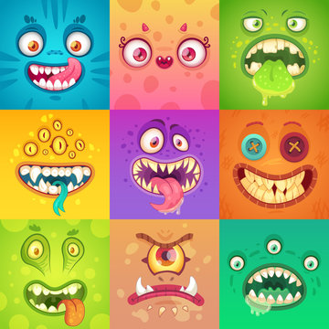 Funny halloween monsters. Cute and scary monster face with eyes and mouth. Strange creature mascot character vector illustration set