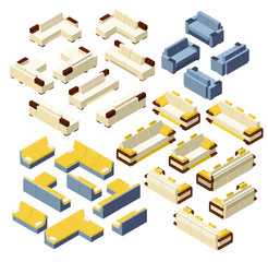 a set of sofas  in different styles for the interior. isometric 3d