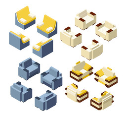 a set of armchairs in different styles for the interior. isometric 3d