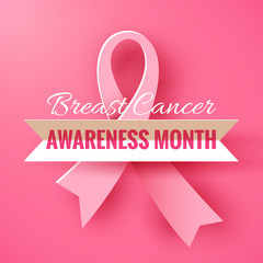 Pink background with paper ribbon. October Breast Cancer Awareness Month Campaign