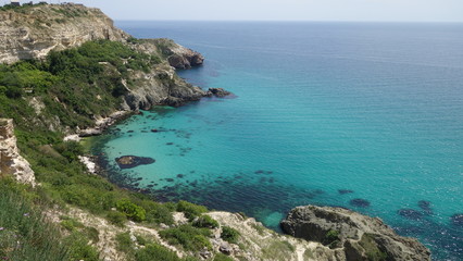 Seashore with turquoise water on Cape Fiolent in Crimea