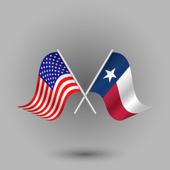 vector two crossed american and flag of texas on silver sticks - symbols of united states of america usa