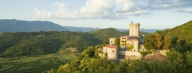Aerial photo of  medieval castle Rihemberk at sunset