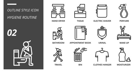 Outline icon pack for hygiene routine, hand dryer, tissue,electric shaver, perfume, bathroom, appointment book, urinal, wake up, travel, bin, clothes hanger, moisturizer.