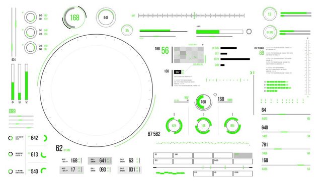 Futuristic user interface with HUD and infographic elements. Looped motion virtual technology background. Intelligent head-up display dashboard for business, games, motion design, web and app.