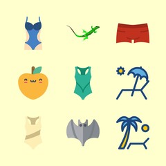 tropical vector icons set. peach, swimsuit, bat and sunbed in this set
