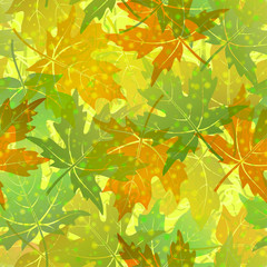 Seamless Background, Tile Pattern of Green Summer and Orange and Brown Autumn Maple Tree Leaves. Vector