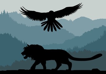 Natural scene vector silhouette, lion, eagle and forest silhouettes