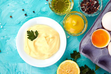 Homemade sauce Mayonnaise and ingredients eggs, oil