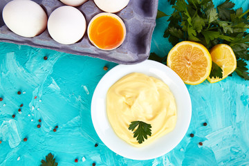 Homemade sauce Mayonnaise and ingredients eggs, oil