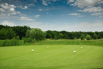 Fototapeta premium Four color balls on golf course, launching pad
