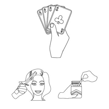 Manipulation by hands outline icons in set collection for design. Hand movement vector symbol stock web illustration.
