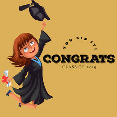 Congrats graduation class of 2018 flat colorful poster. Happy girl alumnus holding diploma in hands and jumping for joy vector illustration