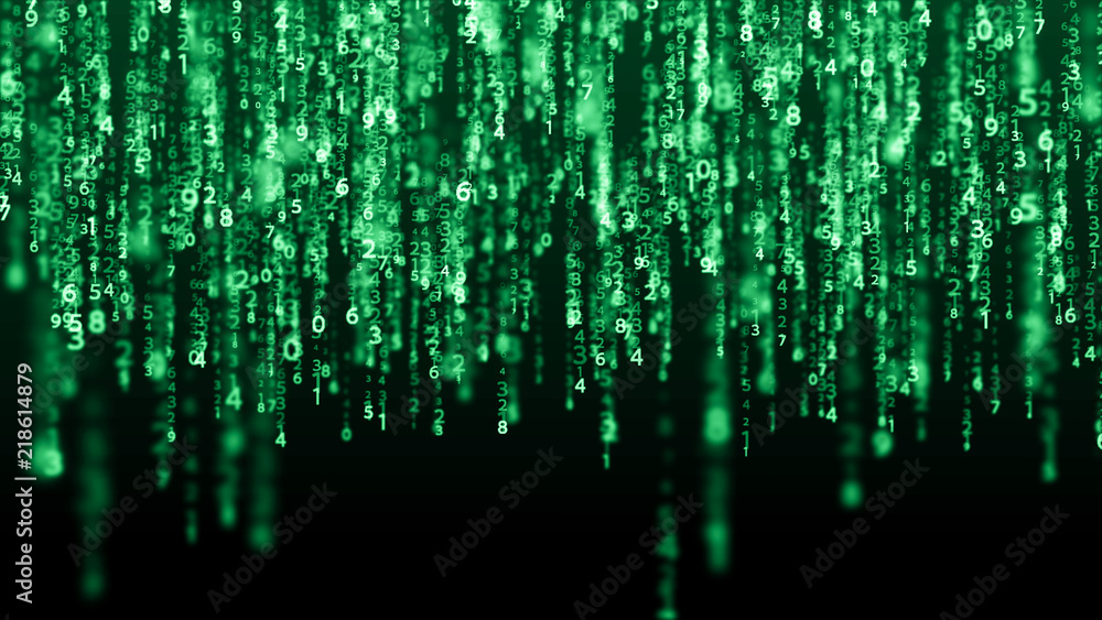 Fototapete Data technology background. Big data visualization. Flow of data. Information code. Background in a matrix style. 4k rendering.