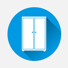 Vector image of a wardrobe icon for clothes on blue background. Flat image wardrobe with long shadow. Layers grouped for easy editing illustration. For your design.