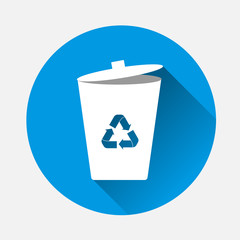Container recycling of garbage sign isolated. Flat icon bin on blue background. Flat image Trash can with long shadow. Layers grouped for easy editing illustration. For your design.