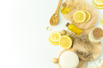 lemonade with cosmetic spa soap oil mockup in beauty skincare treatment healthy concept, top view...