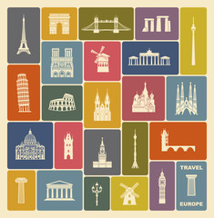 Collection of Europe detailed silhouettes. Set Travel Landmarks. vector illustration