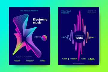 Music Flyers Set with Wave Lines and Distortion.