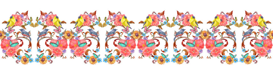 seamless border with fancy arabesque on white background. watercolor painting