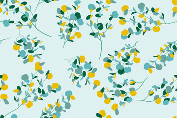 Floral Seamless Pattern in Pastel Color Design. Vector Eucalyptus Leaves and Beautiful Blossom Elements. Botanical Summer Background. Floral Seamless Pattern for Wedding Design, Print, Textile, Fabric