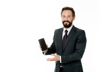 Businessman formal suit holds smartphone. Man bearded businessman glad announce new version update application. Check update application. Mobile internet opens opportunities. Mobile banking concept