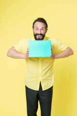 Offer bonus for client good idea. Man mature bearded cheerful face offer surprise box. Man got unexpectable gifts. Guy surprised by gift yellow background. Presents make our lives more interesting