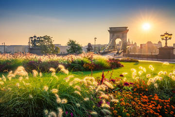 Budapest, Hungary - Sunrise at the Clark Adam Square with the beautiful Szechenyi Chain Bridge