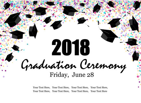 Graduate caps with multi colored confetti banner