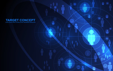 Abstract shooting target audience template. Aim, Curve and icon on black blue background. Digital technology futuristic design concept.