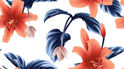 Foto op Plexiglas anti-reflex Seamless pattern, orange lily flowers and Medinilla magnifica flowers with blue leaves on white background, green, red and white tones © momosama