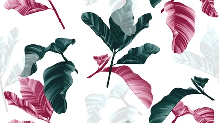 Muurstickers Seamless pattern, green, pink and white leaves with branch on white background © momosama
