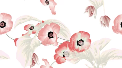 Fotobehang Seamless pattern, pink and red anemone flowers, Medinilla magnifica flowers with leaves on white background © momosama