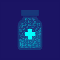 Medicine and equipment icon pattern in bottle with cross symbol shape outline stroke set dash line design illustration isolated on dark blue background