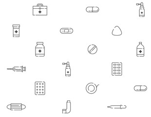 Medicine and equipment icon seamless pattern outline stroke set dash line design illustration isolated on white background