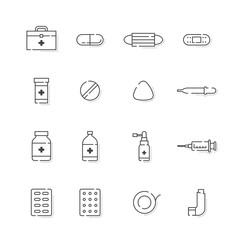 Medicine and equipment with shadow icon outline stroke set dash line design illustration isolated on white background