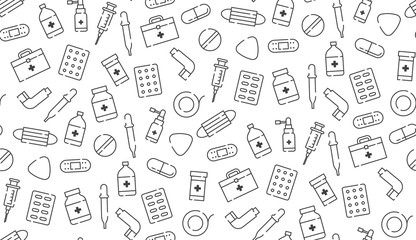 Medicine and equipment icon seamless pattern outline stroke set dash line design illustration isolated on white background - 218632218