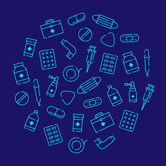 Medicine and equipment icon pattern circle shape outline stroke set dash line design illustration isolated on dark blue background