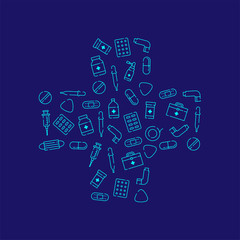 Medicine and equipment icon pattern cross shape outline stroke set dash line design illustration isolated on dark blue background