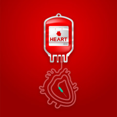 Blood bag red color and Heart organ sign shape made from cord illustration flat design isolated on red gradient background, with copy space