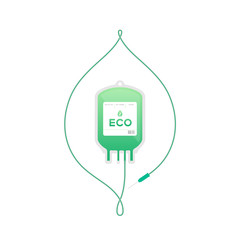 Blood bag green color with Leaf sign frame shape made from cord illustration, eco concept flat design isolated on white background, with copy space