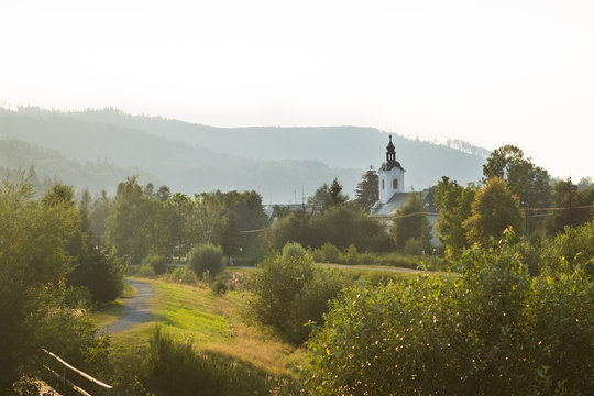 small town in polish beskidy mointains