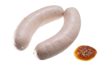 Wurst Weißwurst und süßer Senf weiß isoliert