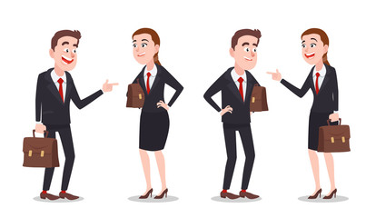 Businessmen Man and Woman Talk About Business Characters Set. Cartoon Style Vector Illustration