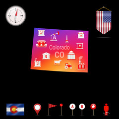 Colorado Vector Map, Night View. Compass Icon, Map Navigation Elements. Pennant Flag of the United States. Vector Flag of Colorado. Various Industries, Economic Geography Icons.